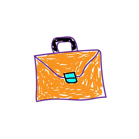 Brown leather briefcase in a deliberately childish style. Imitation child drawing, isolated on white background. Sketch, painting felt-tip pen, marker. Kids hobby, handmade. Vector illustration Eps 10のイラスト素材