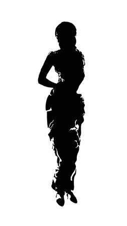 Standing young woman, imitation hand drawn ink sketch. Black fashion girl silhouette isolated on white background. Young in dress, art beautiful engraving. Sexy beauty pose. Vector illustrationのイラスト素材