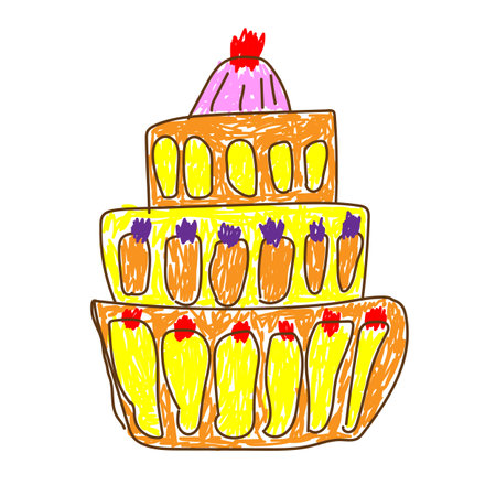 cake, pie in a deliberately childish style. Imitation child drawing. Kid sketch, painting felt-tip pen or marker. Kid painted handmade by birthday. Vector illustration Eps 10.のイラスト素材