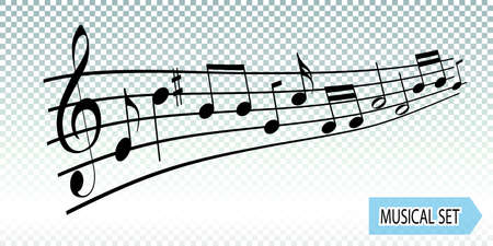 A wave of music notes, isolated on transparent background. Decorative backdrop design element. Monochrome musical composition, cool sound.のイラスト素材