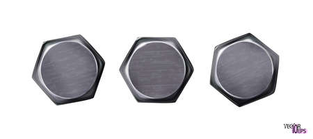 Metal bolt heads set, dark caps. Twisted in surface, isolated. High detailed. Macro, top view a hats metal wares. The image is carefully approximated to photo reality. Vector illustration Eps 10.のイラスト素材