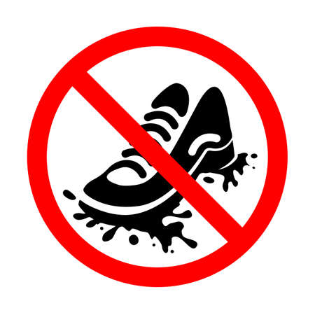 Modern sign, icon prohibiting walking in dirty street shoes. Red insignia with black sole or grunge foot. Sneakers, Running shoes, Casual. Vector illustration eps10.のイラスト素材
