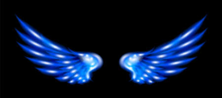 Blue neon glowing abstract wings. Isolated, strewn with sparks on dark, black background. Happy Valentines day, angel attributes. Vector illustration Eps 10.のイラスト素材