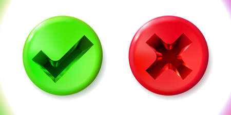 Tick and cross signs glossy realistic set, green check mark and red crosshair. Icon, symbol checkmark. Modern ui isolated. Vector illustration Eps10.のイラスト素材