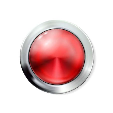 Circle realistic glossy red button, chrome or silver rim, icon isolated. Metal, technology Ui for interface apps. Round object for your design. Vector illustration Eps10.のイラスト素材