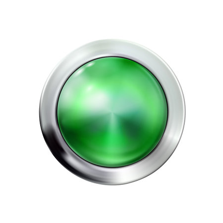 Circle realistic glossy green button, chrome or silver rim, icon isolated. Metal, technology Ui for interface apps. Round object for your design.のイラスト素材