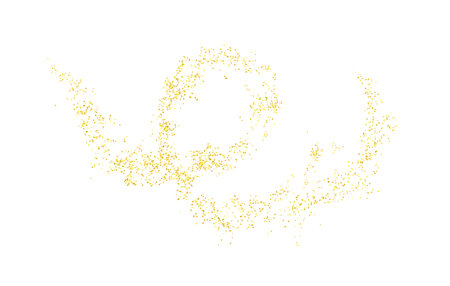 Curl, swirl plume golden abstract grainy texture, crumbs for background or backdrop. gold dust. Sand grains. Pieces abstract. plume. Jewelry, carefully placed by hand. Jewel confetti. Vector.のイラスト素材