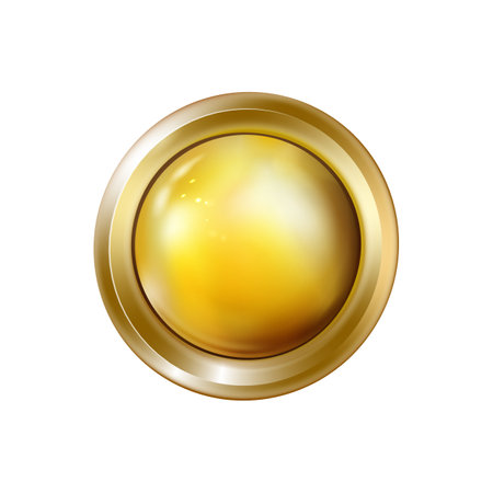 gold button. Realistic round or circle object isolated. Metal golden component for Ui. Vector illustration.のイラスト素材