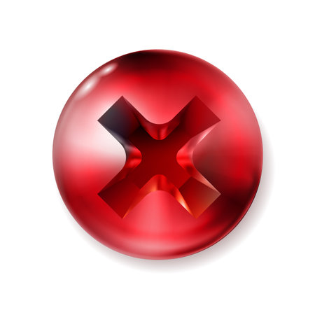 Red painted metal screw, head, glossy textured bolt cap. Self-tapping screw twisted in surface, isolated. Macro polished object, top view, hat, head. Vector illustration Eps10.のイラスト素材