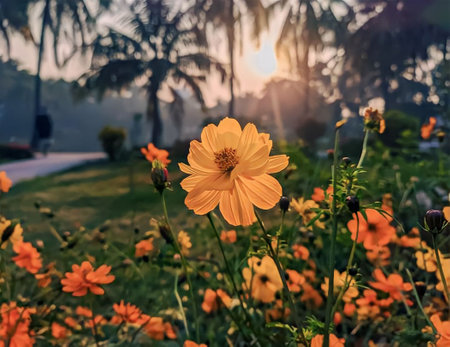 Just witnessed the most breathtaking sunset over a vast field of bright orange cosmos flowers.の写真素材