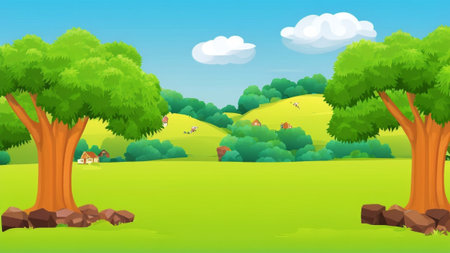 A green field with trees and a house in the distance, farm backgroundのイラスト素材