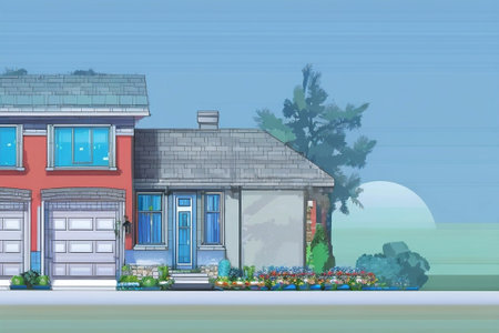 A cartoon house with a car parked in front of it, french village exterior.のイラスト素材