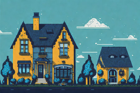 A picture of a yellow house with a blue sky in the background, beautiful detailed pixel art in style of laurieのイラスト素材