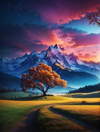 Painting of a tree in a field with mountains in the background, beautiful art, mountains and colorful sunset.の素材