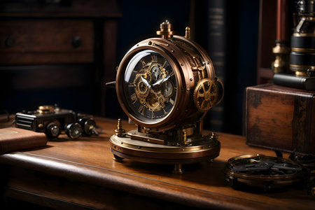 A clock sitting on top of a wooden table, tech fiction set in a steam punk.の素材