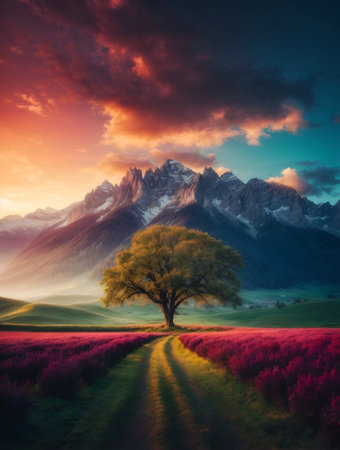 A lone tree in a field with mountains in the background, epic beautiful landscape, beautiful dreamy landscape.の素材