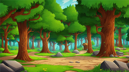 A cartoon forest scene with rocks and trees, forest background, elf forest backgroundの素材