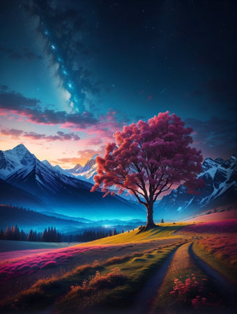 A tree in a field with a mountain in the background, nature wallpaper, made of tree and fantasy valley.の素材