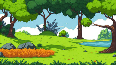 A cartoon landscape with a river and trees, park backgroundの素材