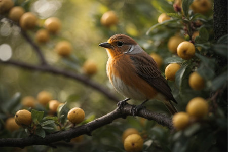 a cute little robin perched on a branch outside. It's a small, brown songbird known for its melodious chirping.の素材