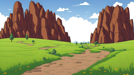 Daytime scene of a meadow pathway in a nature park landscapeのイラスト素材