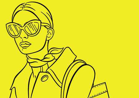Yellow background with image young, beautiful and fashion woman. Isolated outline, line, contour. Sketch. Lady in sunglasses and coatのイラスト素材