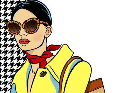 Yellow background with image young, beautiful and fashion woman. Lady in sunglasses and coat. Colorful imageのイラスト素材