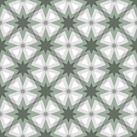 Geomtric pattern of eight-pointrd stars arranged diagonally with gray, grin and white colors. Seamless pattern vector illustration.のイラスト素材