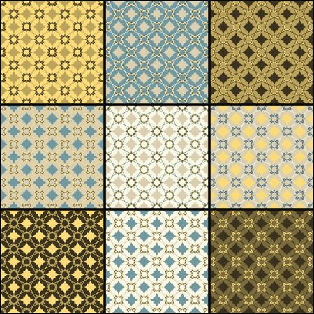 Set of nine vector illustration. Seamless vector ornament of simple intersecting geometric shapes. Geometric seamless pattern.のイラスト素材