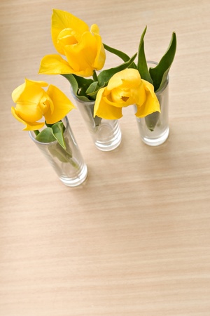 three yellow tulips in vases on beige tableの写真素材