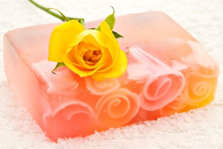 yellow rose flower on handmade soapの写真素材