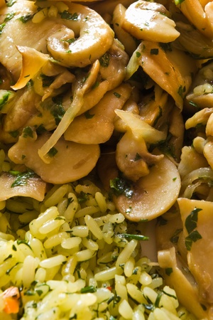 close-up of rice with herbs and mushroomの写真素材