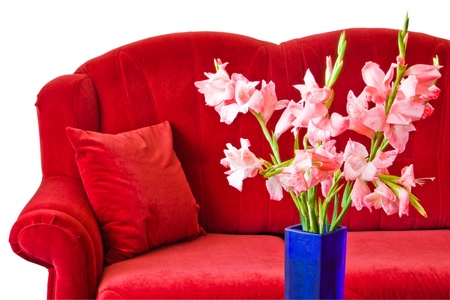red sofa and flowers in blue vaseの写真素材
