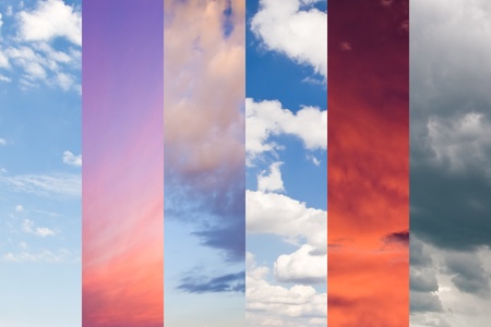 weather concept with six pictures of cloud variations on skyの写真素材