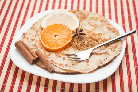 pancakes with brown sugar and orangeの写真素材