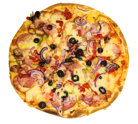 appetizing round pizza with bacon salami and onionsの写真素材