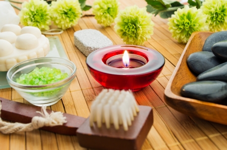 spa items with brush candle soap and stonesの写真素材