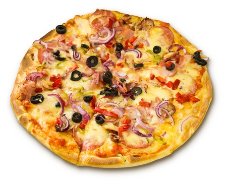 appetizing pizza with bacon salami and onionsの写真素材