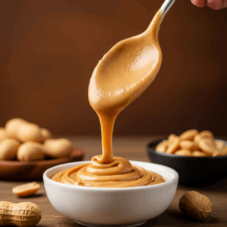 Peanut butter in a bowl on wooden background. Selective focus.の素材