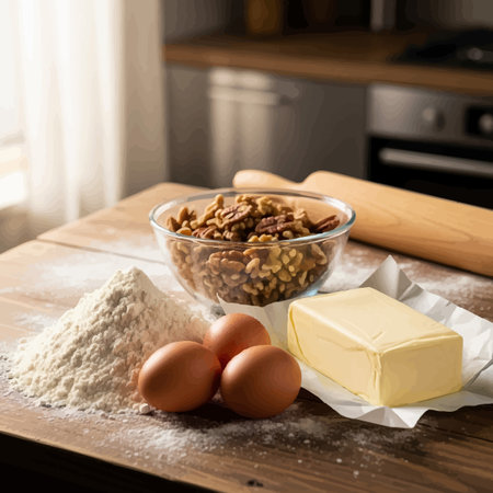 Baking ingredients: eggs, flour, butter and nuts on a wooden tableの素材