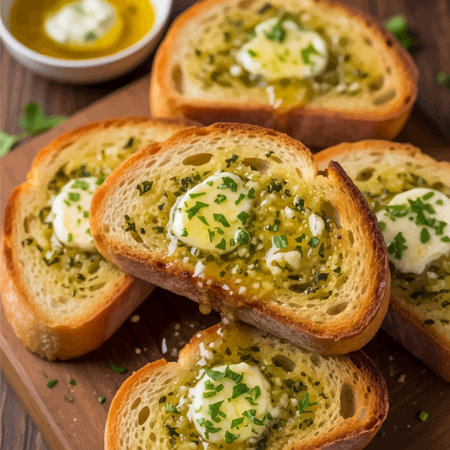 Slices of toasted baguette with butter and herbsの素材