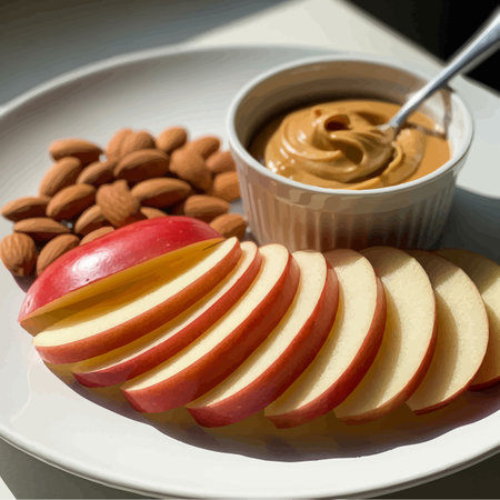 Apples and almonds on a plate with a bowl of peanut butterの素材