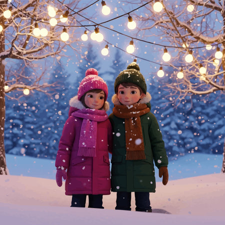Two cute little girls in colorful clothes standing in winter forest with glowing garland.の素材