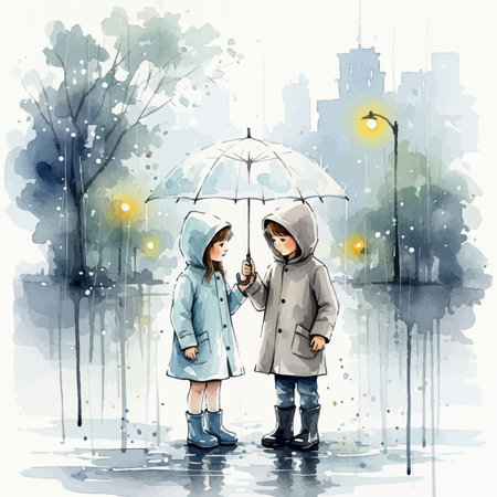 Watercolor illustration of a boy and a girl standing under an umbrellaの素材