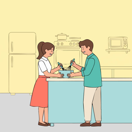 Man and woman cooking together in the kitchen. Vector illustration in flat styleの素材