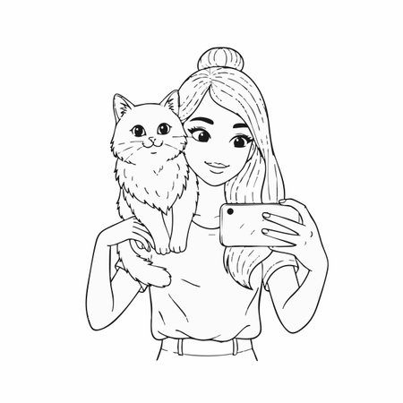 Girl taking selfie with cat. Vector illustration. Hand drawn sketch.の素材