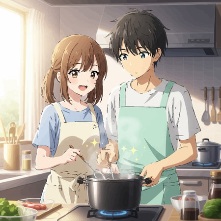 A couple cooking in the kitchen at home holding a pot of soupの素材