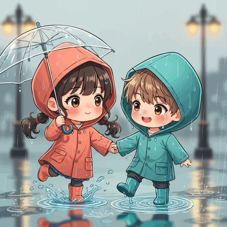 Cute little girl and boy in raincoat and umbrella on rainy day illustrationの素材