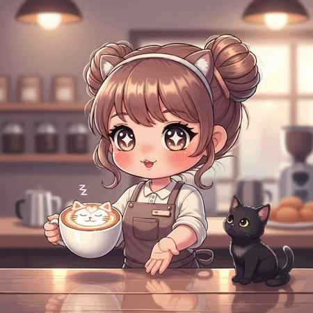 Girl with a cup of cappuccino and a black catの素材