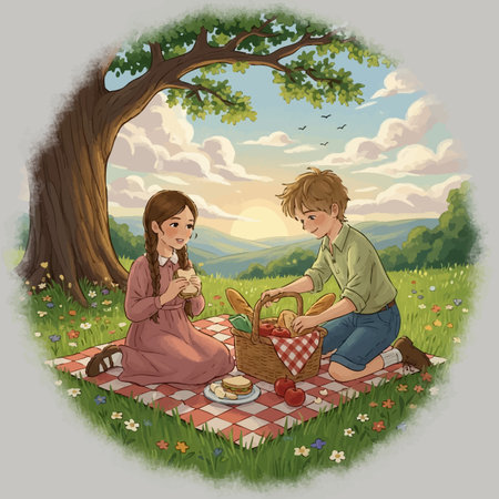 boy and girl on picnic in the meadow, vector illustration.の素材